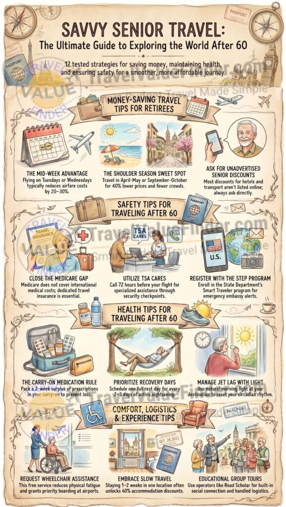 Savvy Senior Travel Guide - Travel Tips for Retirees 20 Ways to Travel Better After 60 Infographic - Travel Value Finder
