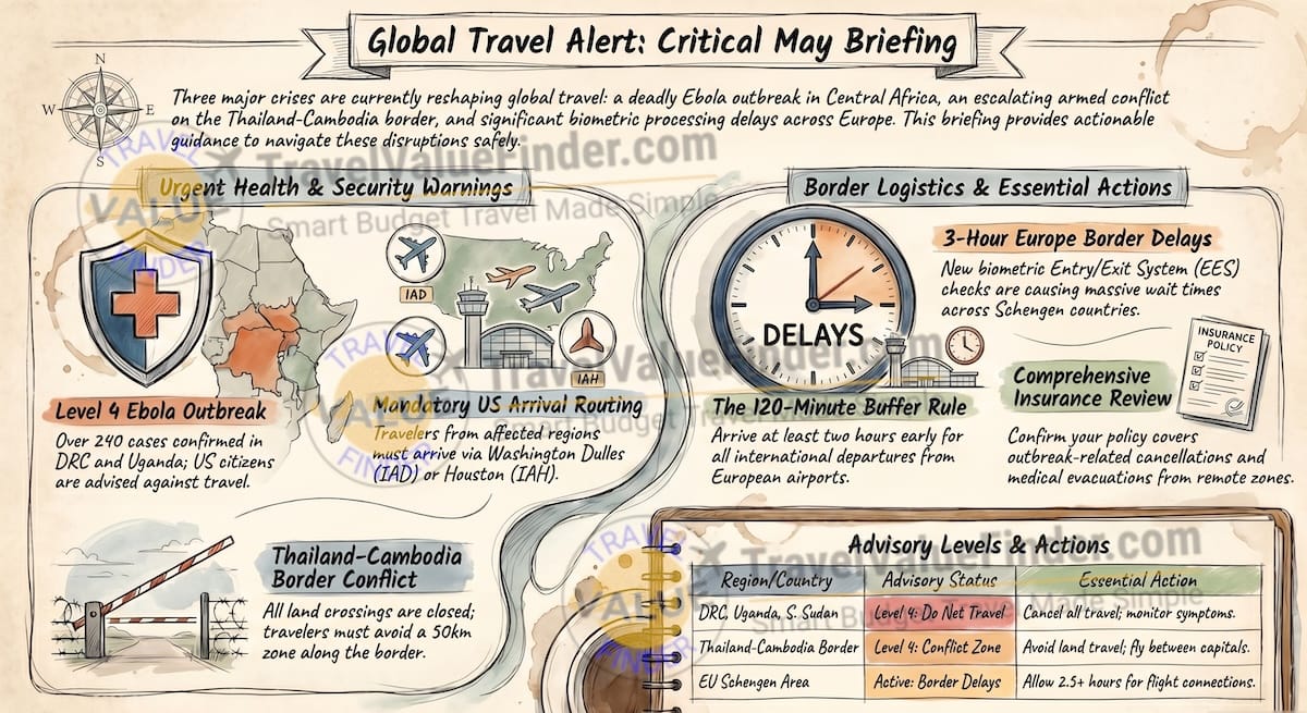 Travel Alerts May 2026 - Ebola, Conflicts & Flight Disruptions Infographic
