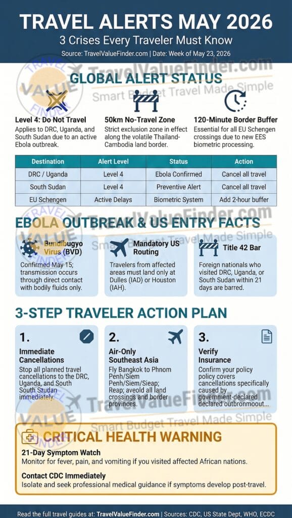 Travel Alerts May 2026 Ebola Crisis Thailand Cambodia Conflict Summer Disruptions Infographic