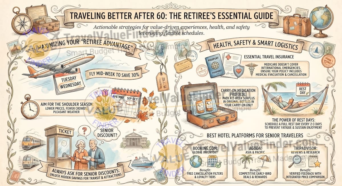 Travel Tips for Retirees - 20 Ways to Travel Better After 60 - Retiree Travel Guide Infographic - Travel Value Finder