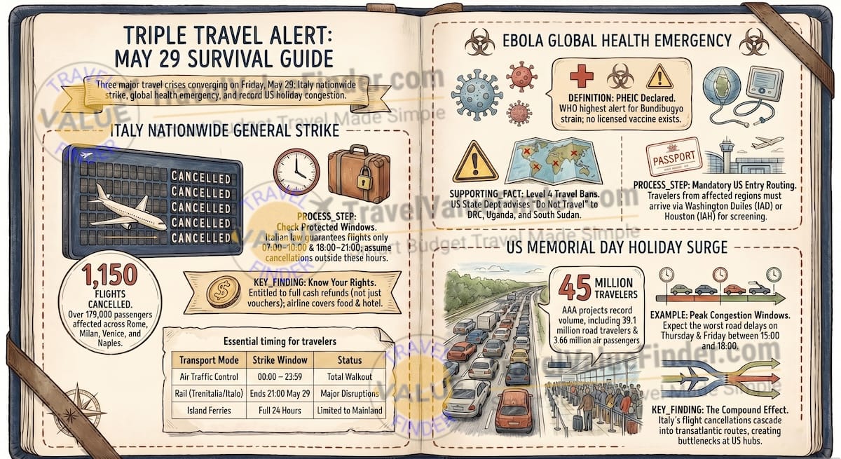 Triple Travel Alert Survival Guide - 3 Urgent Disruptions Every Traveler Must Know This Week Infographic - Travel Value Finder
