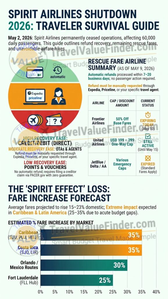 Spirit Airlines Shutdown 2026 Infographic  -  Refund Guide by Payment Method, Rescue Fare Status, and Airfare Impact by Route