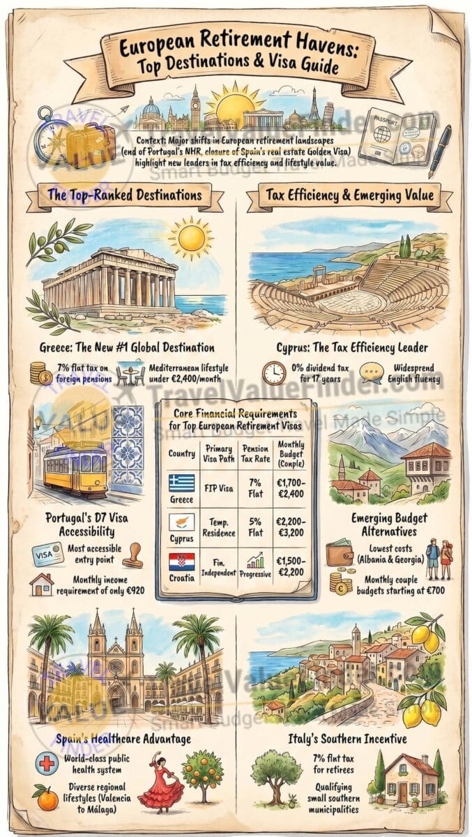 Best European Countries to Retire In - The 2026 Destination & Visa Guide Infographic - Travel Value Finder