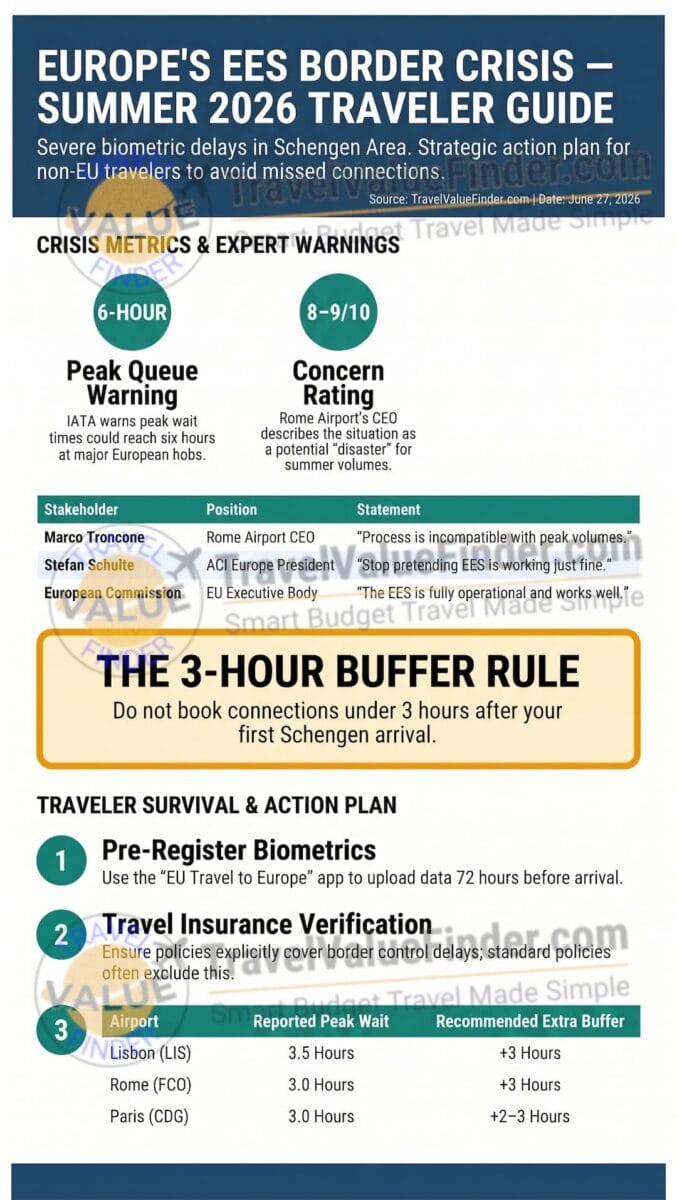 Europe EES border crisis Summer 2026 Guide Infographic - Travel Value Finder