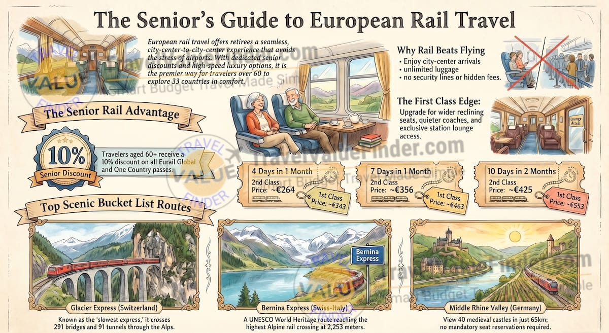 European Rail Travel for Seniors - How to Travel Europe by Rail as a Retiree - Passes, Tips & Routes Infographic - Travel Value Finder