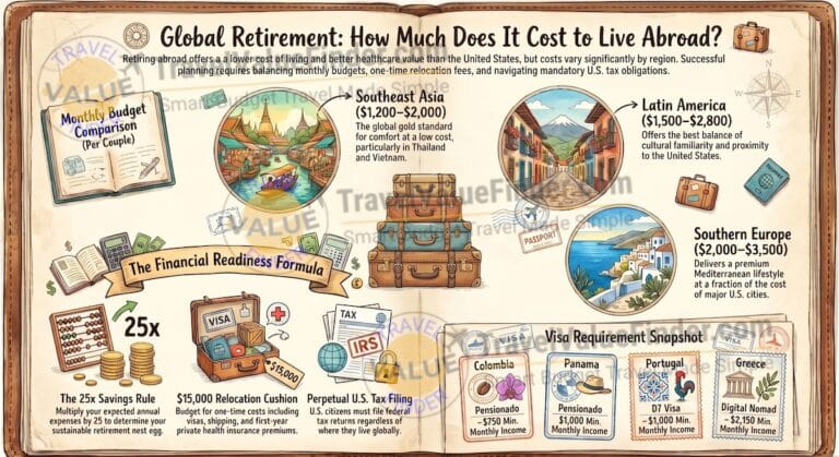 Global Retirement Cost Comparison Guide - How Much Money Do You Need to Retire Abroad Infographic - Travel Value Finder