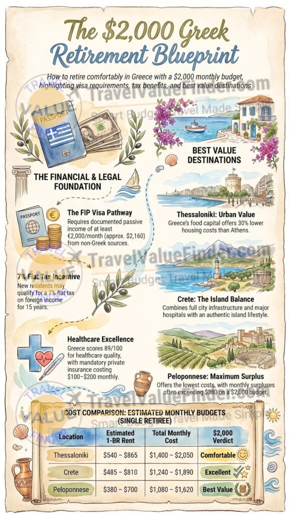 Retire in Greece on $2,000 a Month: The Real 2026 Numbers 2 Greek Retirement Guide - Retire in Greece on $2,000 a Month Infographic - Travel Value Finder