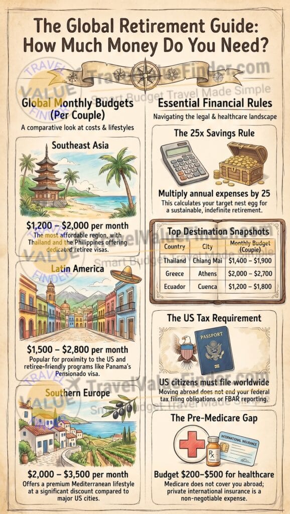 How Much Money Do You Need to Retire Abroad Infographic - Global Retirement Financial Planning Guide - Travel Value Finder