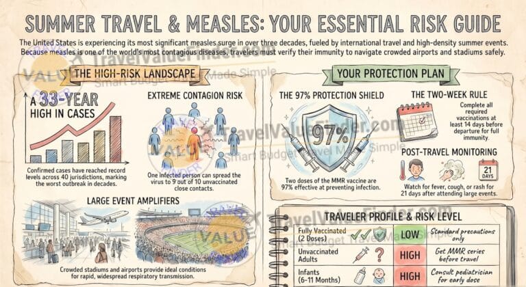 US Measles Outbreak Reaches 33-Year High Just as Summer and World Cup Travel Peaks 3 Measles Outbreak Travel Risk 2026 Summer Travel Measles Risk Guide Infographic - Travel Value Finder