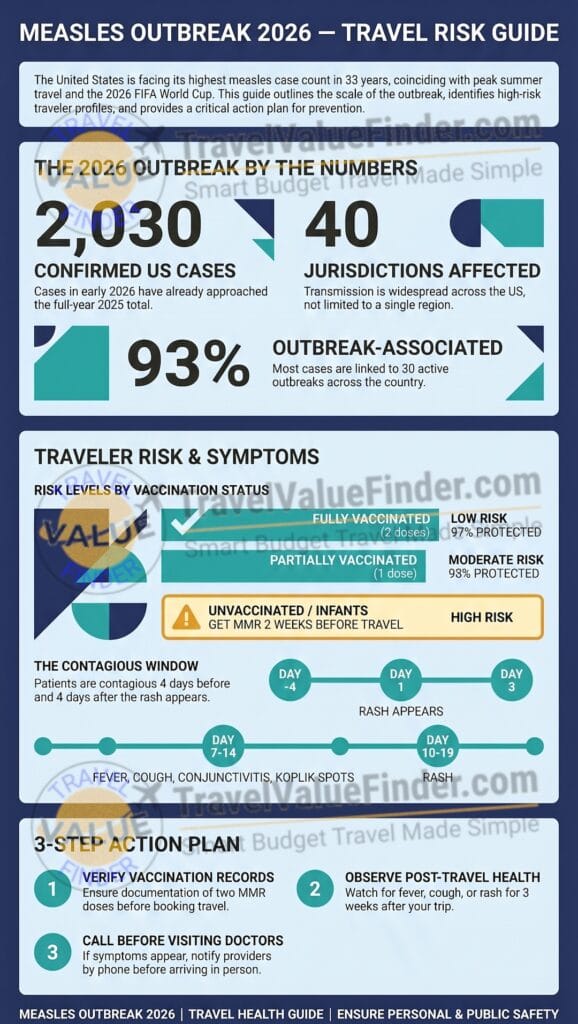 US Measles Outbreak Reaches 33-Year High Just as Summer and World Cup Travel Peaks 2 Measles Travel Risk Guide - Measles Outbreak Travel Risk 2026 Infographic - Travel Value Finder
