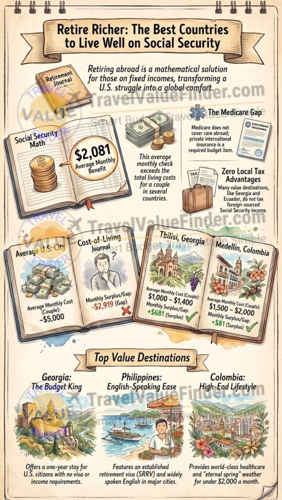 Retire Richer Global Retirement Guide - The Cheapest Countries to Retire Abroad (Under $2,000:Month) Infographic - Travel Value Finder