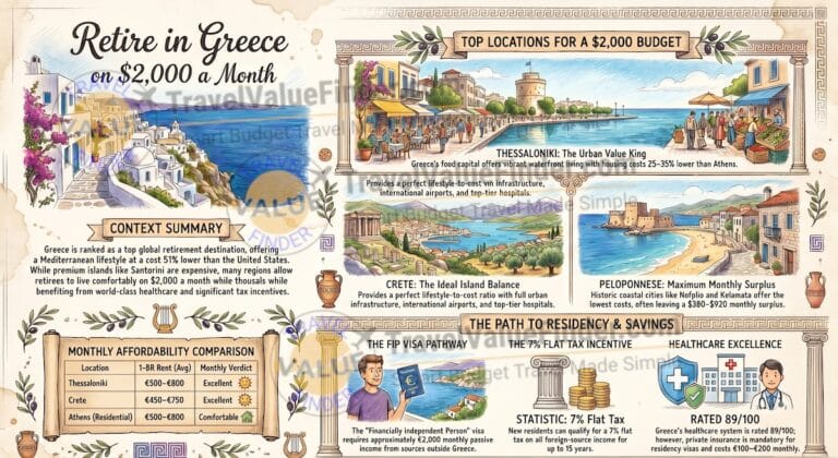 Retire in Greece on $2,000 a Month: The Real 2026 Numbers 3 Retire in Greece on $2,000 a Month Infographic - Travel Value Finder