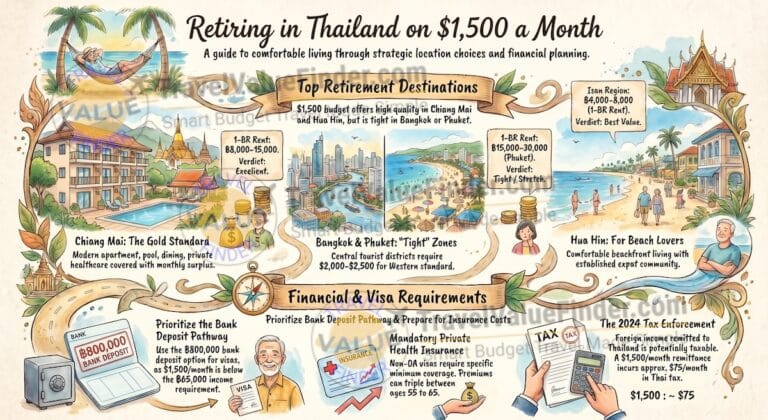 Retire in Thailand on $1,500 a Month: The Complete 2026 Guide 3 Retire in Thailand on $1,500 a Month The Complete Guide Infographic - Travel Value Finder