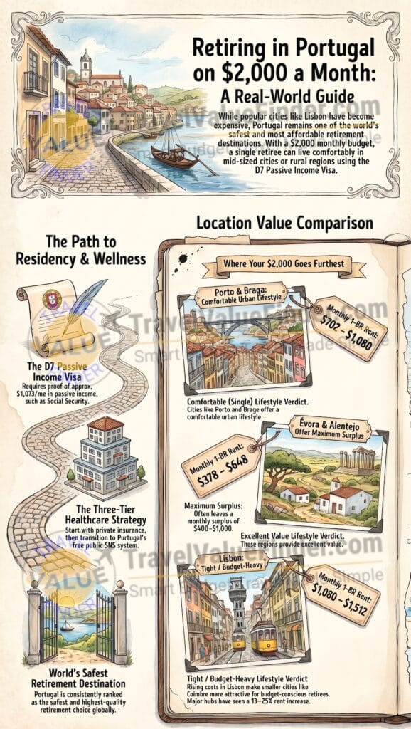 Can You Retire in Portugal on $2,000 a Month? (2026 Real Cost Guide) 2 Retiring in Portugal - Can You Retire in Portugal on $2,000 a Month Infographic - Travel Value Finder