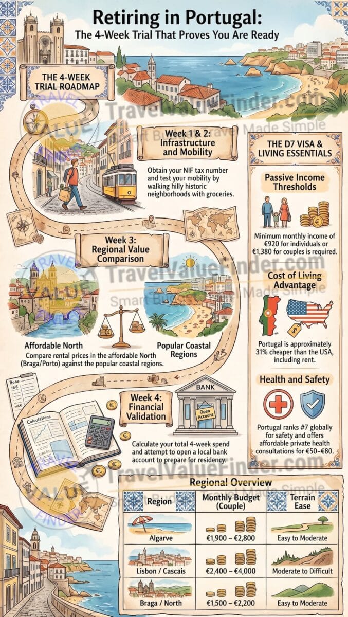 Retiring in Portugal - Retirement Trial Roadmap Infographic - Travel Value Finder