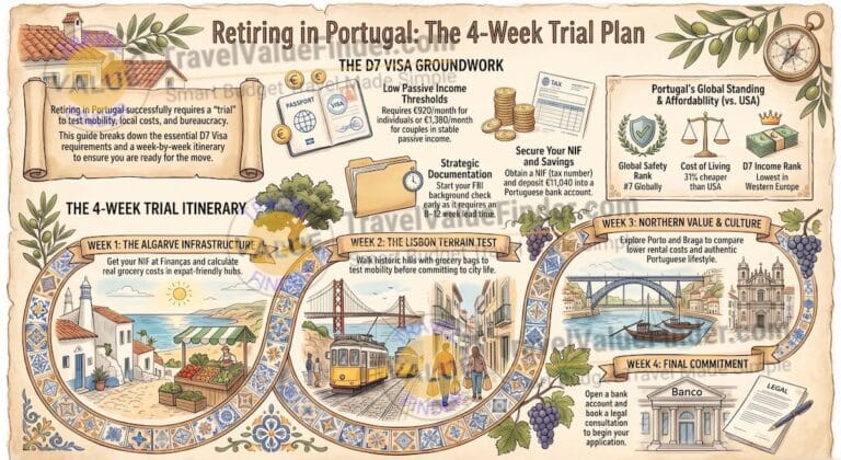 Retiring in Portugal: The 4-Week Trial That Proves You Are Ready (2026) 3 Retiring in Portugal Trial Plan - Retirement Trial Roadmap Infographic - Travel Value Finder