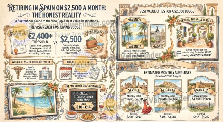 Retire in Spain on $2,500 a Month: The Honest 2026 Cost Guide 3 Retiring in Spain Budget Guide - Retire in Spain on $2,500 a Month Infographic - Travel Value Finder
