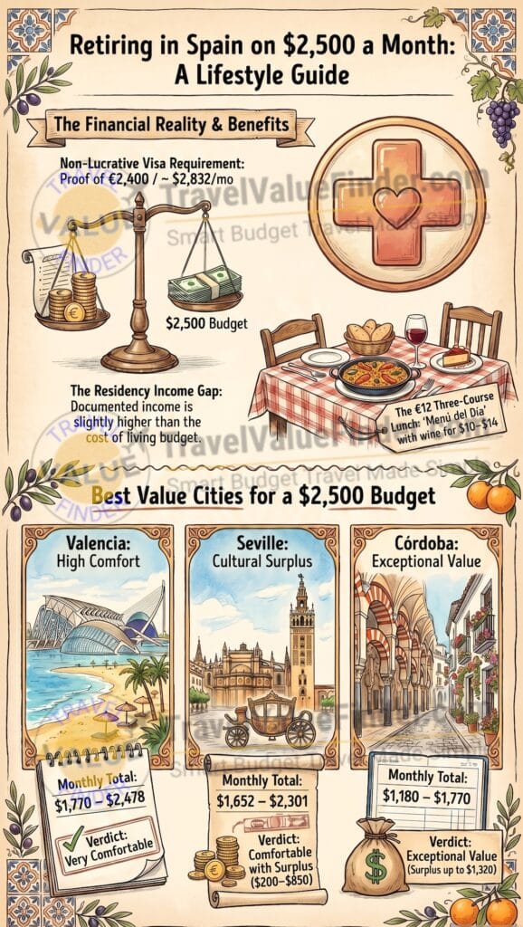 Retire in Spain on $2,500 a Month: The Honest 2026 Cost Guide 2 Retiring in Spain Lifestyle Guide - Retire in Spain on $2,500 a Month Infographic - Travel Value Finder
