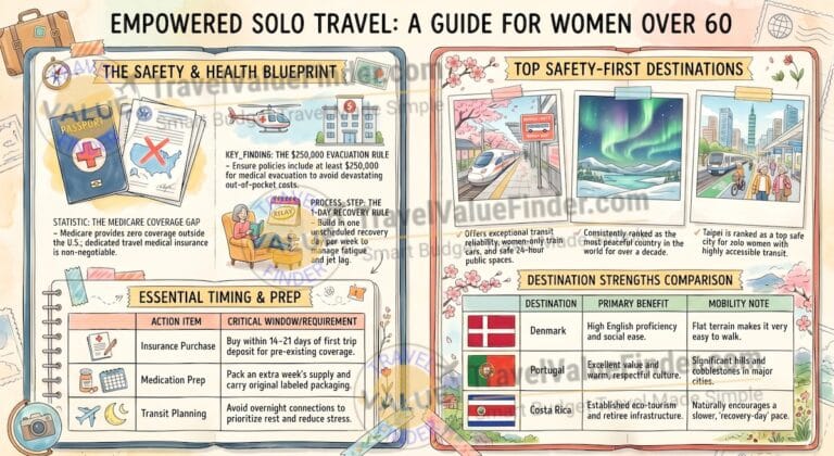 Safety and Destinations Guide for Solo Travel Guide Women 60+ - Infographic - Travel Value Finder