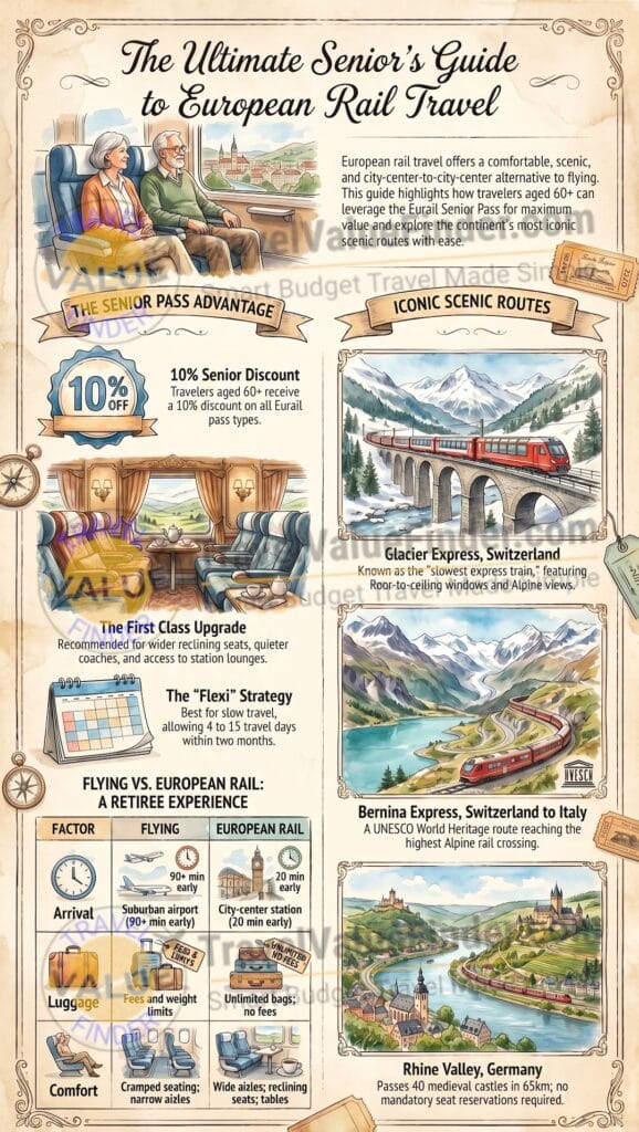Senior Guide to European Rail - How to Travel Europe by Rail as a Retiree - Passes, Tips & Routes Infographic - Travel Value Finder