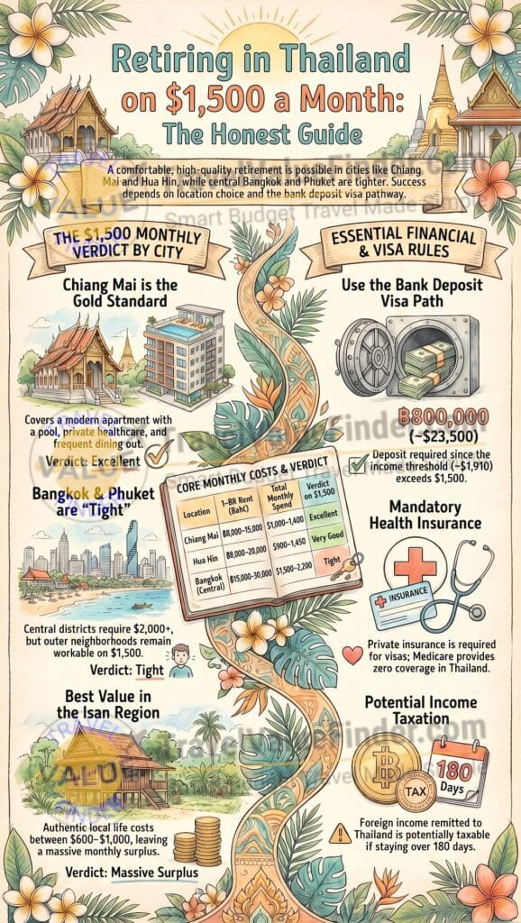 Retire in Thailand on $1,500 a Month: The Complete 2026 Guide 2 Thailand Retirement Budget Guide - Retire in Thailand on $1,500 a Month - The Complete 2026 Guide Infographic - Travel Value Finder