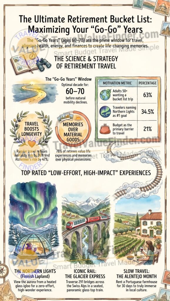 The Retirement Travel Bucket List - 50 Experiences to Have After 60 Guide Infographic - Travel Value Finder