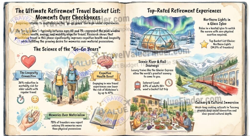 The Retirement Travel Bucket List: 50 Experiences to Have After 60 1 Ultimate Retirement Travel Bucket List - 50 Experiences to Have After 60 Infographic - Travel Value Finder