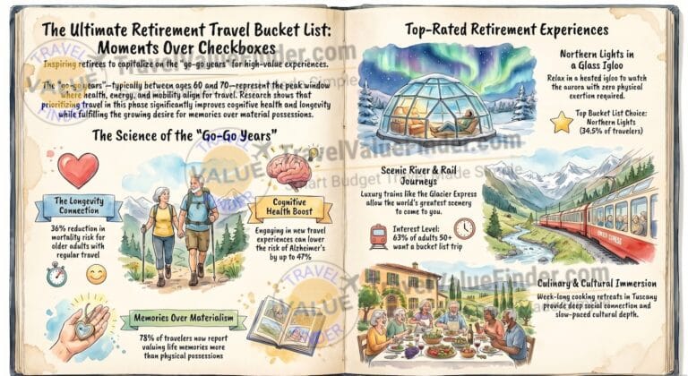 Ultimate Retirement Travel Bucket List - 50 Experiences to Have After 60 Infographic - Travel Value Finder
