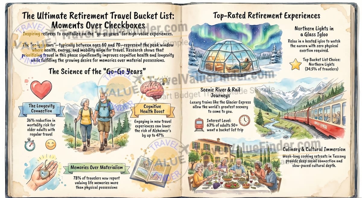 Ultimate Retirement Travel Bucket List - 50 Experiences to Have After 60 Infographic - Travel Value Finder