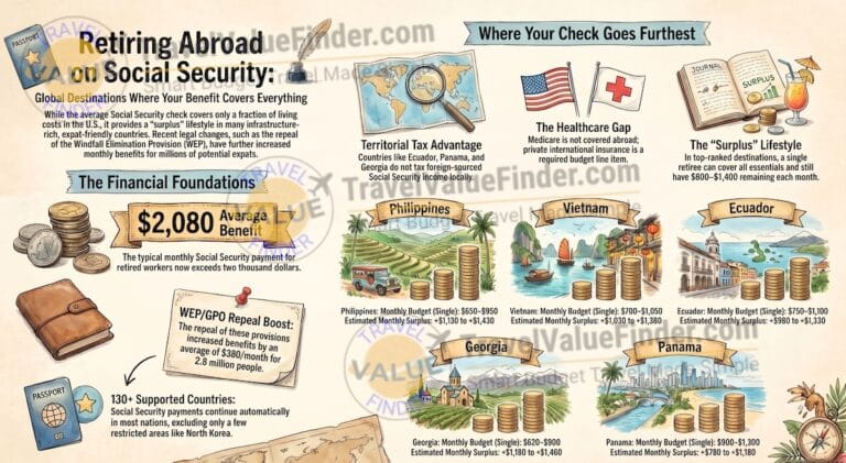 Retire Abroad on Social Security: Which Countries Work Best in 2026? 3 Which Countries Work Best in 2026 Retire Abroad on Social Security - Infographic - Travel Value Finder