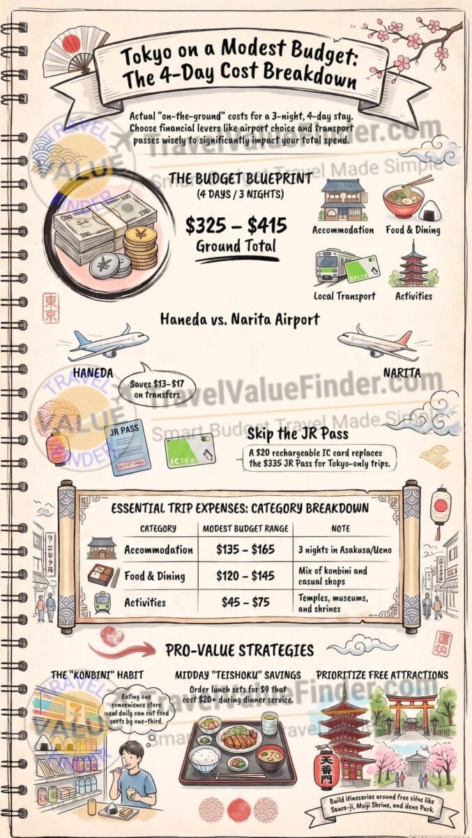 4 days in Tokyo Modest Travel Budget Breakdown - Infographic - Travel Value Finder
