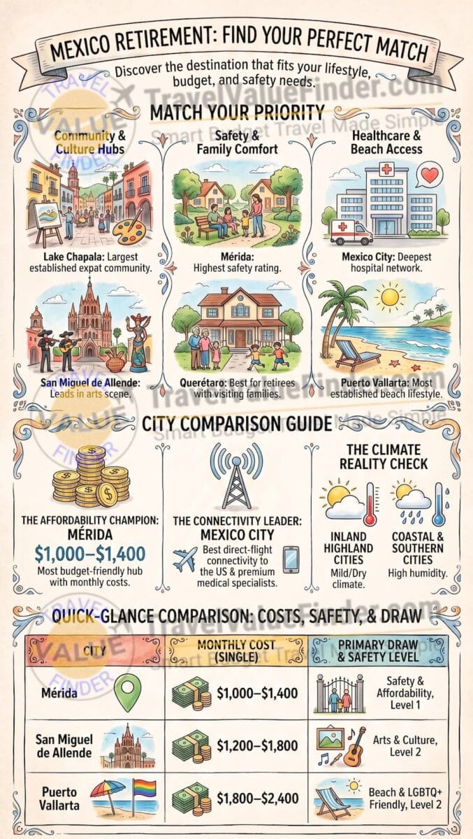 Best Places to Retire in Mexico: Which City Actually Fits You 2 Best Places to Retire in Mexico- Retirement Comparison Guide Infographic - Travel Value Finder
