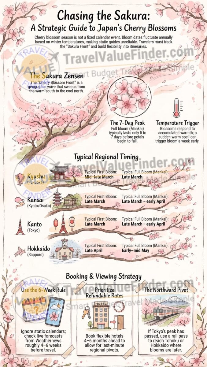Cherry Blossom Season in Japan: When to Actually Go (Not What the Calendars Say) 2 Best Time to See Cherry Blossom in Japan Strategy Guide - Infographic - Travel Value Finder