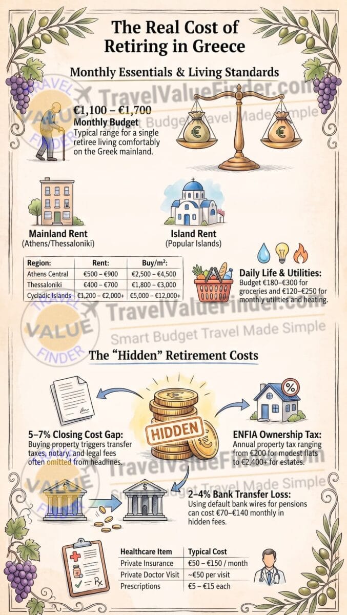 Cost of Living in Greece for Retirees - Retiring in Greece Cost Guide Infographic - Travel Value Finder