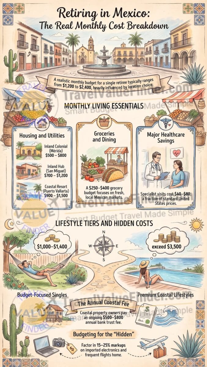 Cost of Living in Mexico for Retirees - Retirement Cost Breakdown Infographic - Travel Value Finder