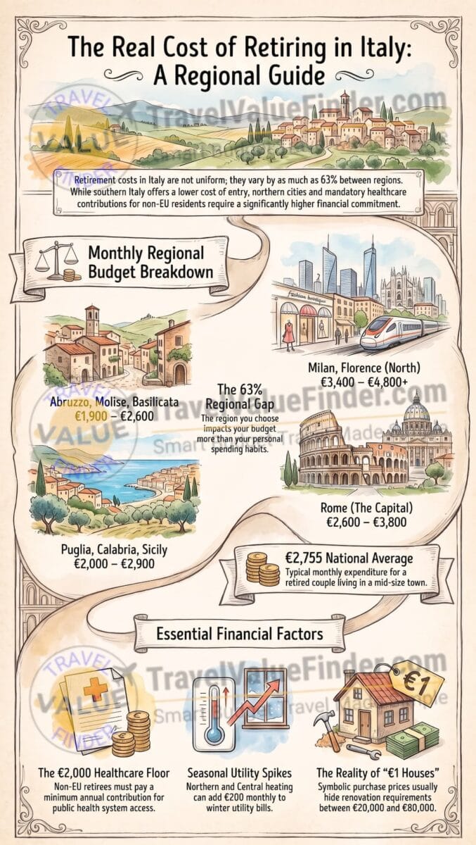What Retiring in Italy Actually Costs : By Region, Not by Guesswork 2 Cost of living in Italy for retirees Retirement Regional Cost Guide Infographic - Travel Value Finder