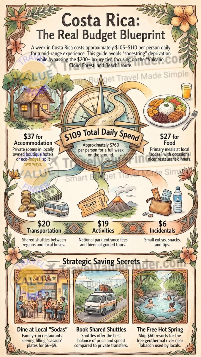 How I'd Spend a Week in Costa Rica Without Blowing the Budget (My Real Costa Rica Travel Budget) 2 Costa Rica Travel Budget Cost Guide Infographic - Travel Value Finder