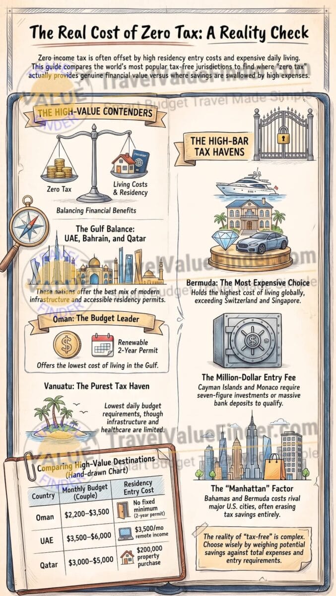 Countries With No Income Tax: The Real Cost-of-Living Reality Check for Retirees & Digital Nomads 2 Countries With No Income Tax - Real Cost-of-Living Guide Infographic - Travel Value Finder