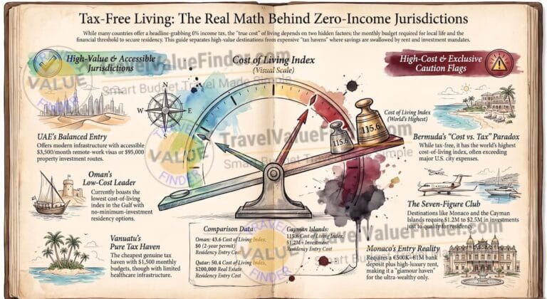 Countries With No Income Tax: The Real Cost-of-Living Reality Check for Retirees & Digital Nomads 3 Countries With No Income Tax - Tax Free Living Cost Comparison - Travel Value Finder