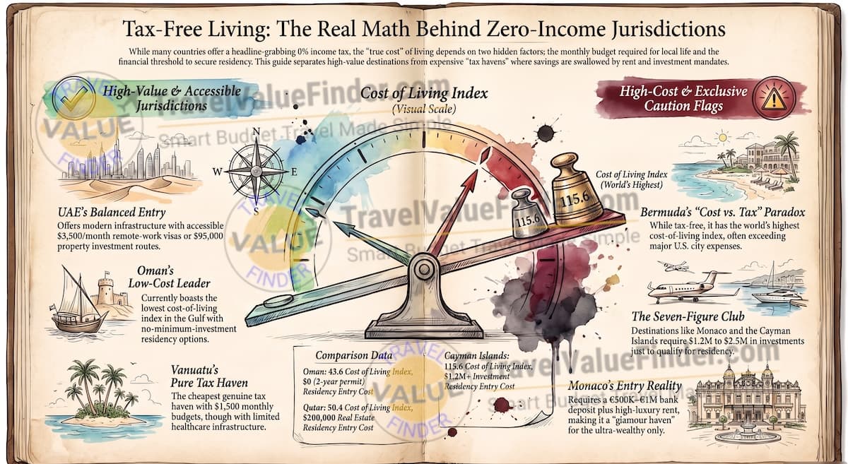 Countries With No Income Tax: The Real Cost-of-Living Reality Check for Retirees & Digital Nomads 1 Countries With No Income Tax - Tax Free Living Cost Comparison - Travel Value Finder