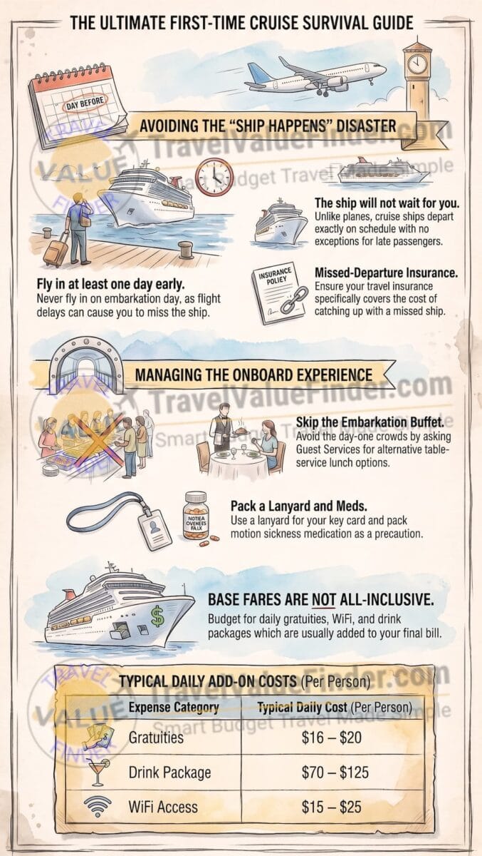 My First Cruise Almost Went Wrong: Here's What I'd Tell a Beginner (First-Time Cruise Tips That Actually Matter) 2 First-Time Cruise Tips Survival Guide Infographic - Travel Value Finder