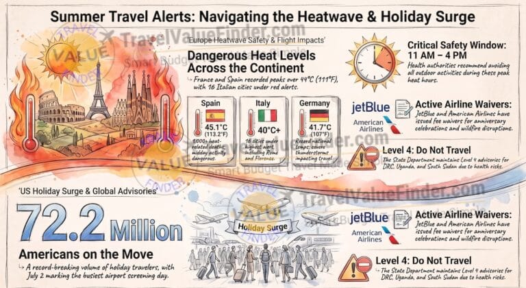 July 2026 Travel Alerts: Europe's Historic Heatwave Is Dangerous β and It's Not Over 4 July 2026 Travel Alerts - Summer Travel and Heatwave Alerts Infographic - Travel Value Finder