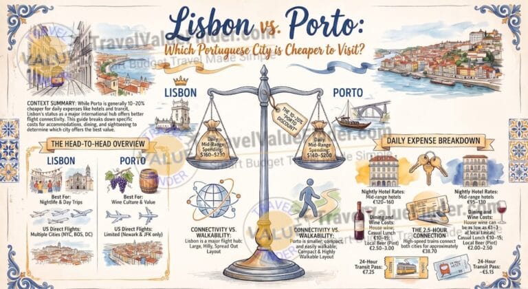 Lisbon vs Porto Cost Comparison - Which Portuguese City Is Cheaper to Visit? Infographic - Travel Value Finder
