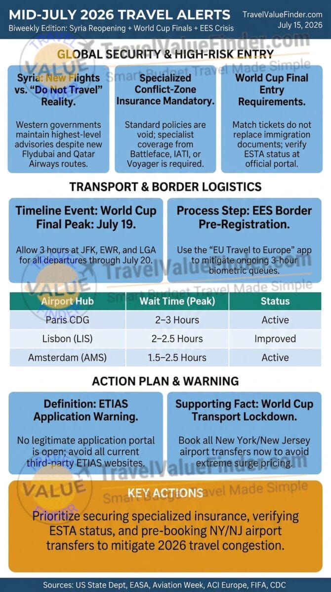 Mid-July 2026 Travel Alerts: Syria Reopens, World Cup Finals & the EES Border System Under Pressure 2 Mid-July 2026 Travel Alerts - Travel Security - Infographic - Travel Value Finder