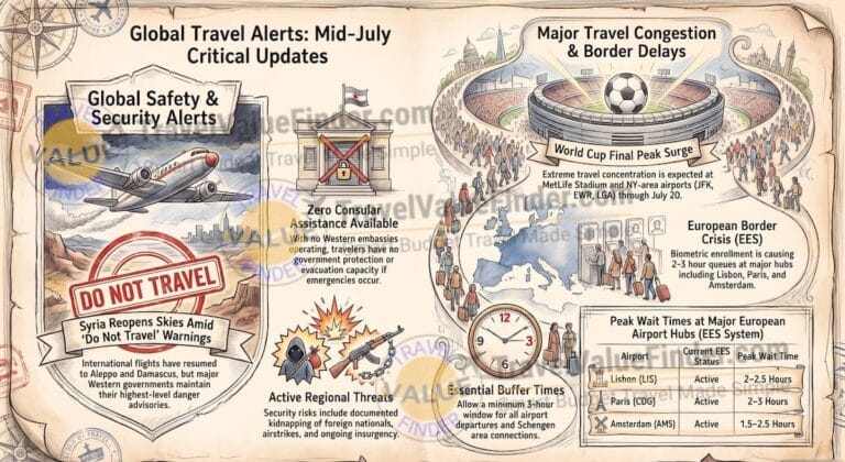 Mid-July 2026 Travel Alerts: Syria Reopens, World Cup Finals & the EES Border System Under Pressure 3 Mid-July 2026 Travel Alerts Update Infographic - Travel Value Finder