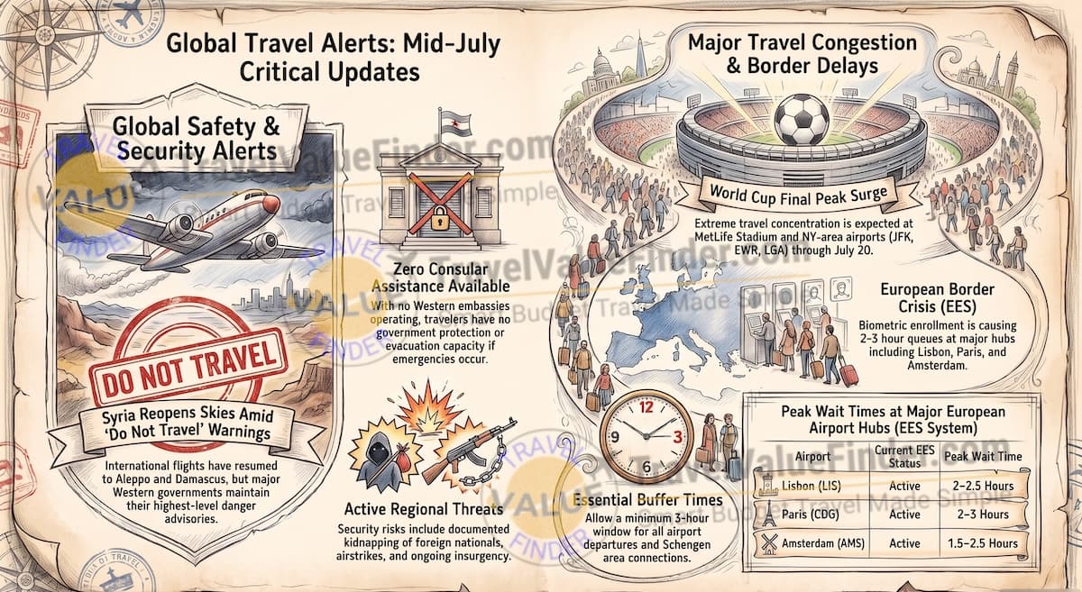 Mid-July 2026 Travel Alerts: Syria Reopens, World Cup Finals & the EES Border System Under Pressure 1 Mid-July 2026 Travel Alerts Update Infographic - Travel Value Finder
