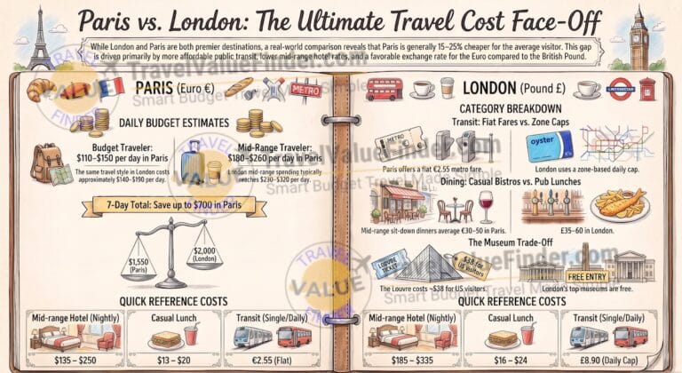 Paris vs London Cost Comparison - Which City Is Cheaper to Visit? Infographic - Travel Value Finder