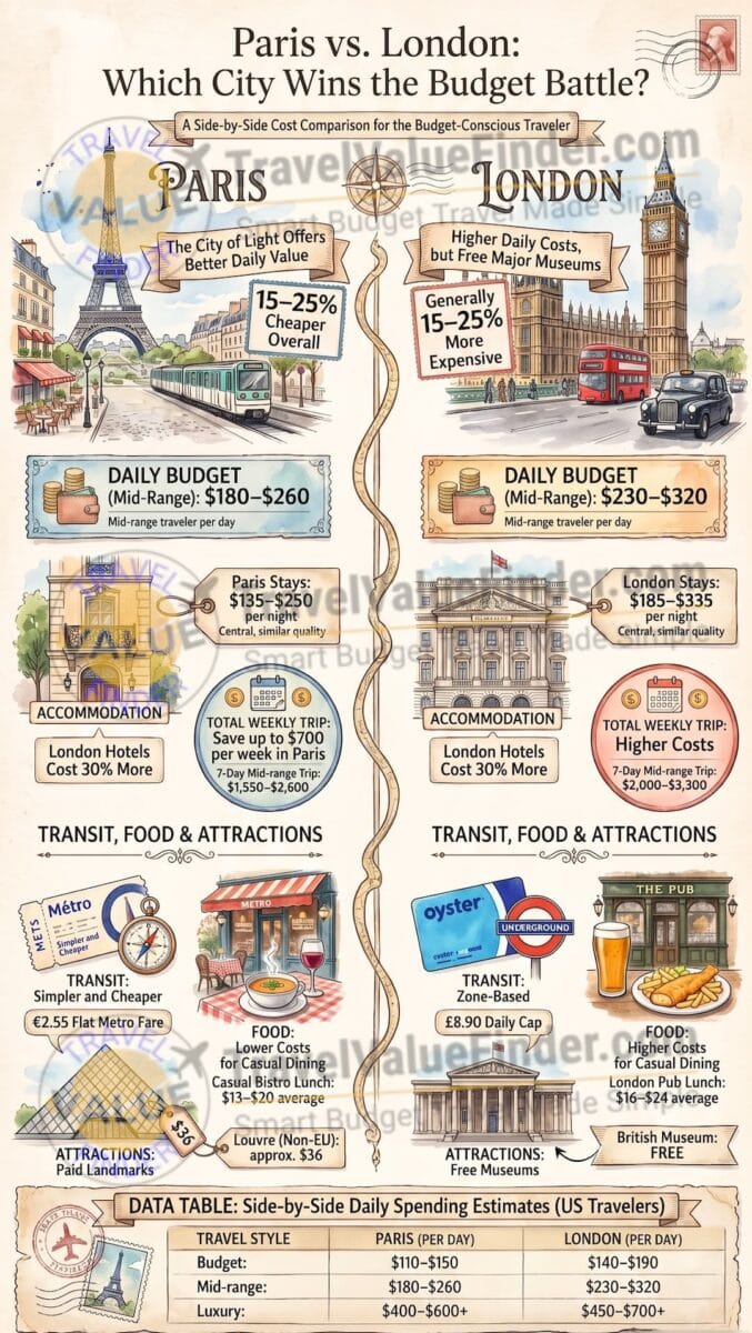 Paris vs London Cost Comparison - Which City Is Cheaper to Visit_ Budget Comparison Infographic - Travel Value Finder