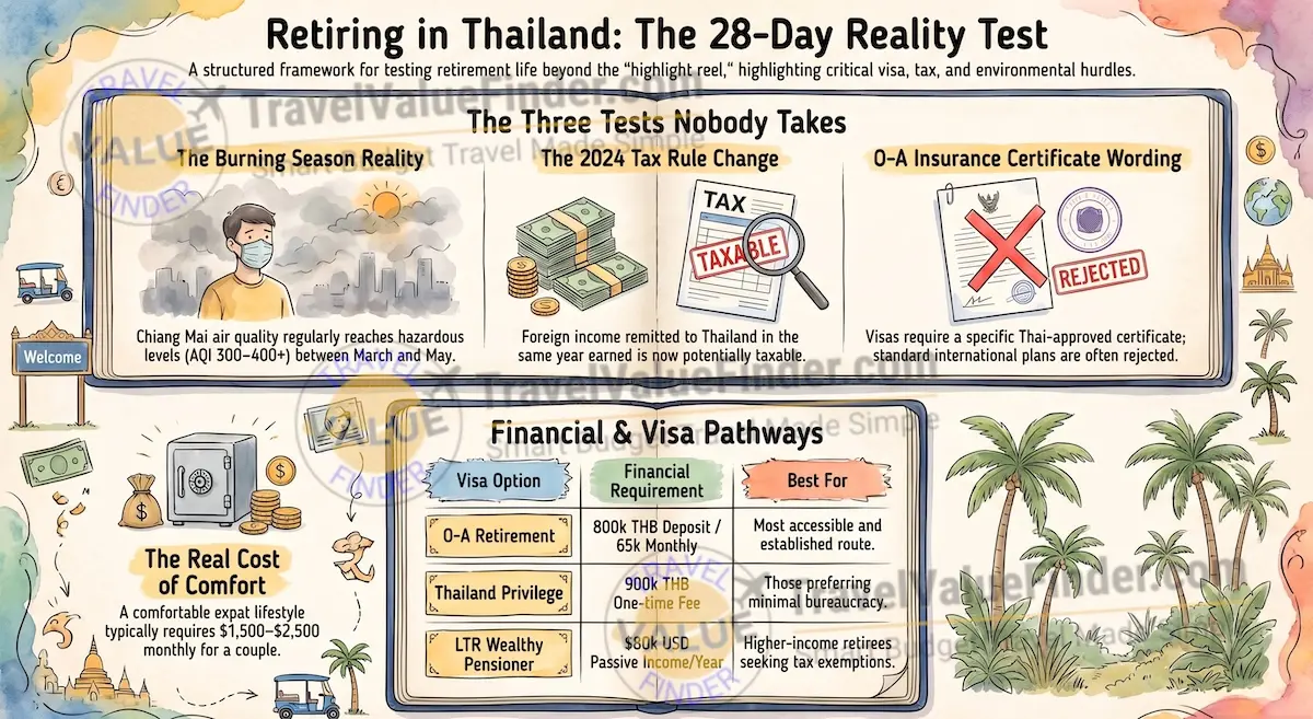Retiring in Thailand: What 28 Days in Chiang Mai Taught Me (The Test Nobody Takes) 2026 1 Retiring in Thailand What 28 Days in Chiang Mai Taught Me Infographic - Travel Value Finder