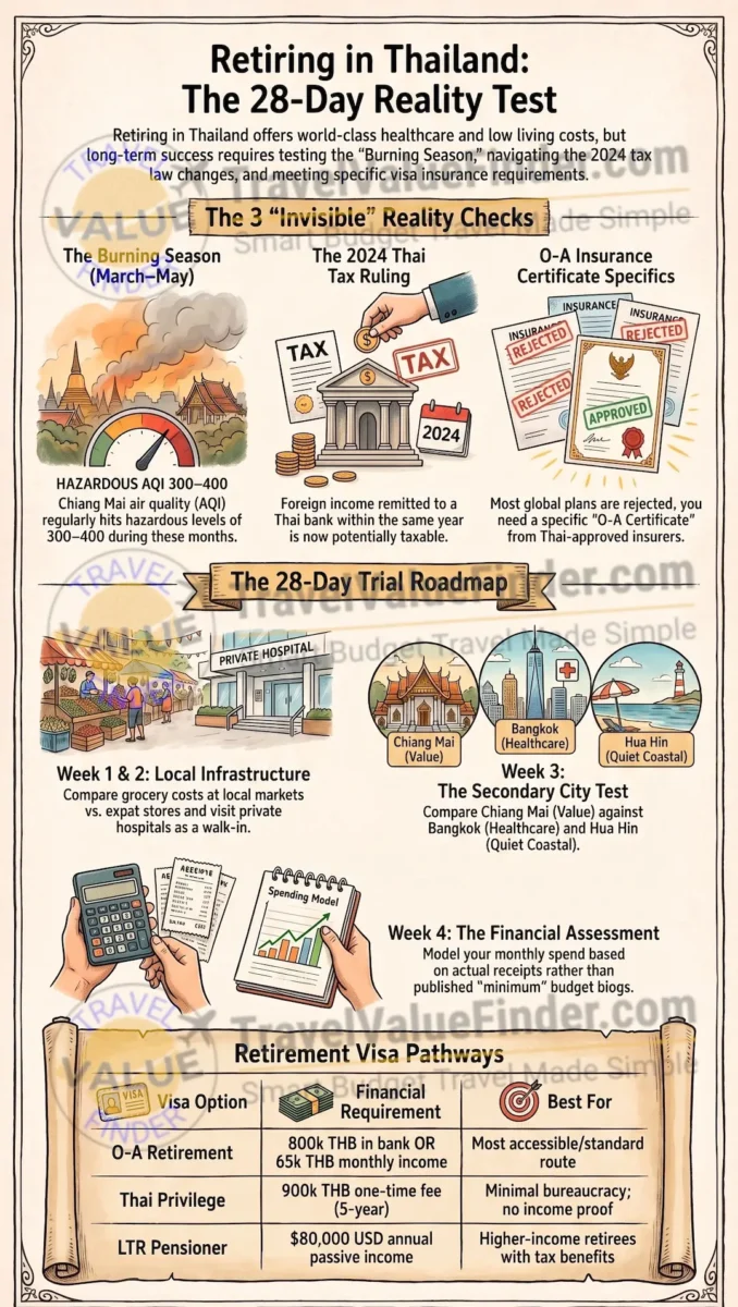 Retiring in Thailand: What 28 Days in Chiang Mai Taught Me (The Test Nobody Takes) 2026 2 Retiring in Thailand What 28 Days in Chiang Mai Taught Me-Thailand Retirement Reality Test Infographic - Travel Value Finder